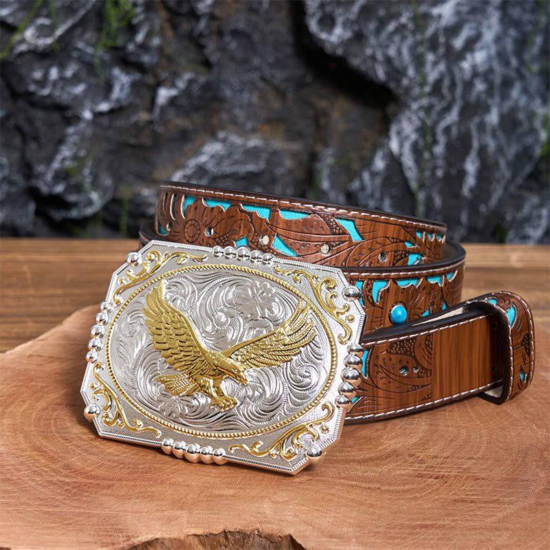 Boucle de ceinture en cuir style cowboy Golden Flying Eagle DIY - Aigle volant - Ceinture sculptée en turquoise - 42 - image 4