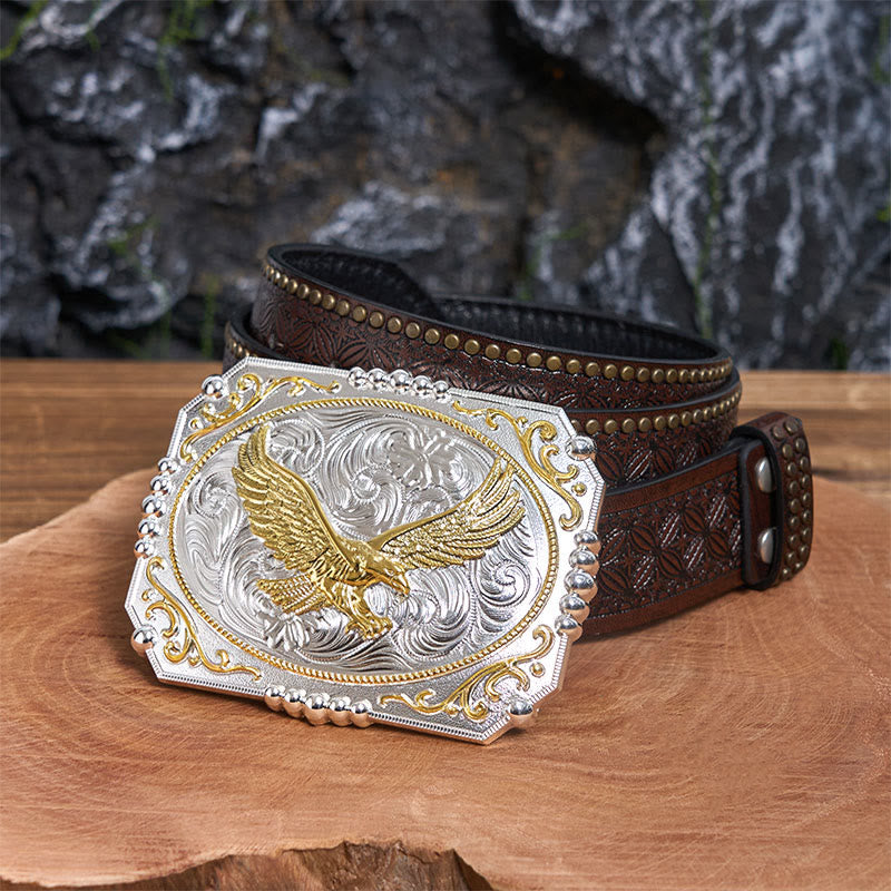 Boucle de ceinture en cuir style cowboy Golden Flying Eagle DIY - Aigle volant - Ceinture à rivets marron - 42 - image 5