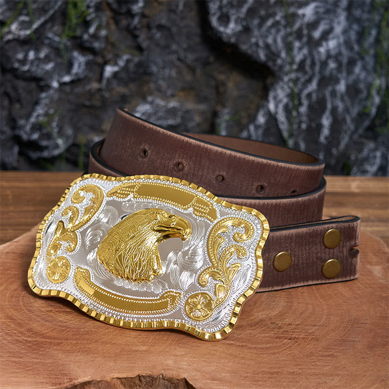 Ceinture en cuir à boucle de cowboy à tête d'aigle féroce dorée - Tête d'aigle - Ceinture marron vieillie - 42 - image 6