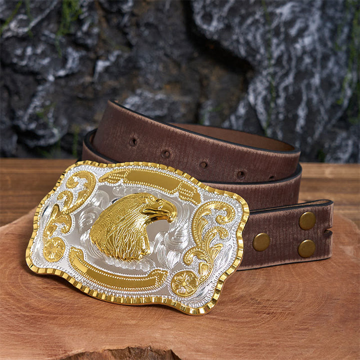 Ceinture en cuir à boucle de cowboy à tête d'aigle féroce dorée - Tête d'aigle - Ceinture marron vieillie - 42 - image 6
