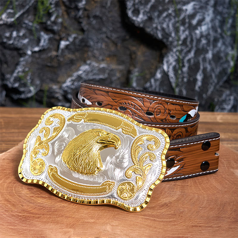 Ceinture en cuir à boucle de cowboy à tête d'aigle féroce dorée - Tête d'aigle - Ceinture à plumes marron - 40 - image 8