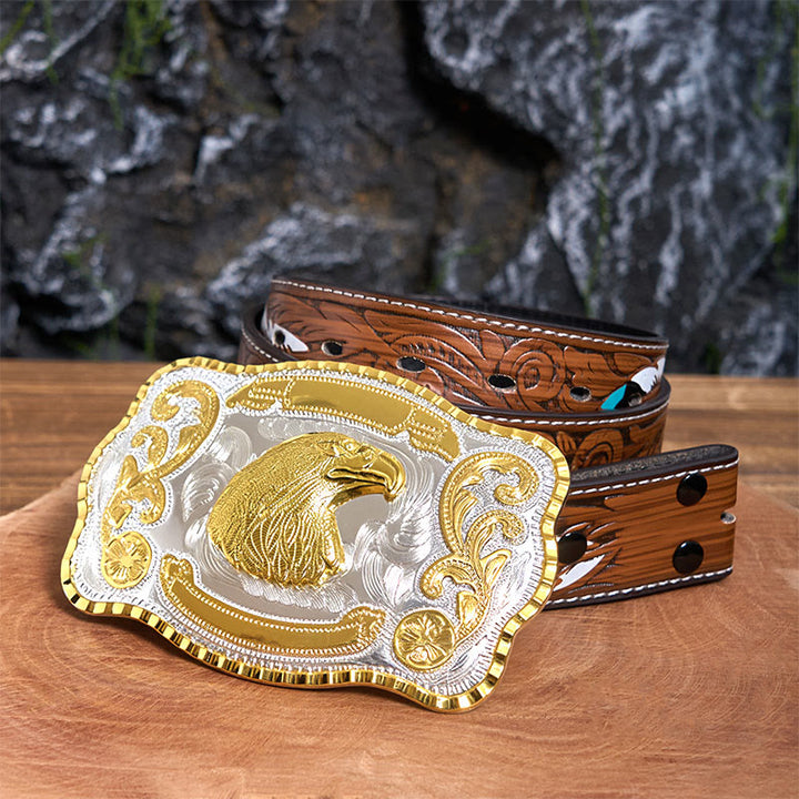 Ceinture en cuir à boucle de cowboy à tête d'aigle féroce dorée - Tête d'aigle - Ceinture à plumes marron - 40 - image 8