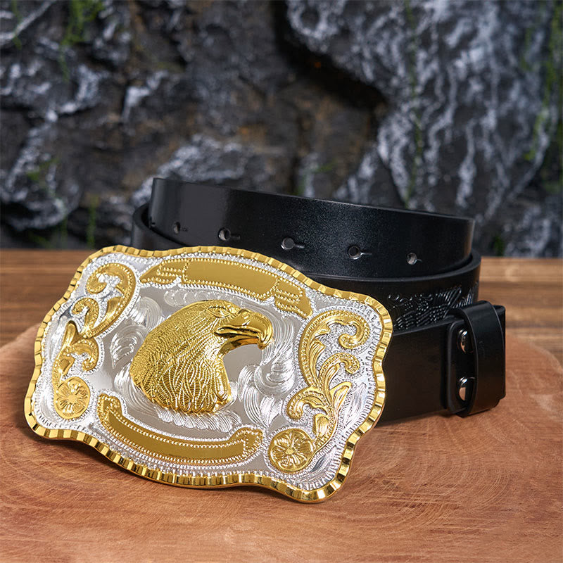 Ceinture en cuir à boucle de cowboy à tête d'aigle féroce dorée - Tête d'aigle - Ceinture noire avec aigle en relief - 42 - image 1