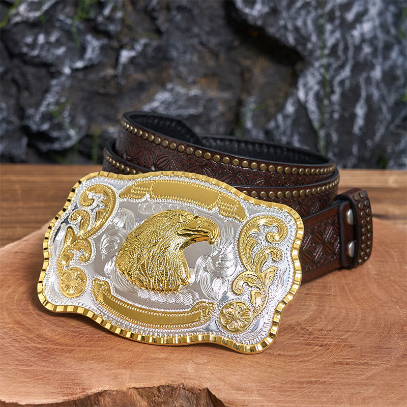 Ceinture en cuir à boucle de cowboy à tête d'aigle féroce dorée - Tête d'aigle - Ceinture à rivets marron - 42 - image 5
