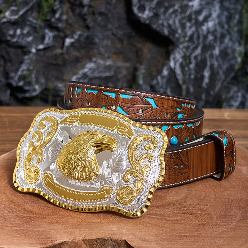 Ceinture en cuir à boucle de cowboy à tête d'aigle féroce dorée - Tête d'aigle - Ceinture sculptée en turquoise - 42 - image 4