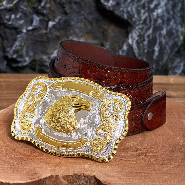 Ceinture en cuir à boucle de cowboy à tête d'aigle féroce dorée - Tête d'aigle - Ceinture marron sculptée - 42 - image 7