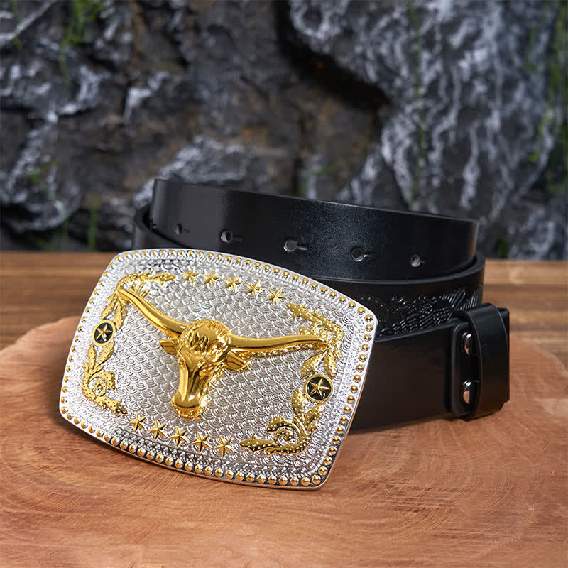 Ceinture rectangulaire en cuir à grande boucle avec tête de taureau bicolore - Tête de taureau - Ceinture noire avec aigle en relief - 42 - image 1