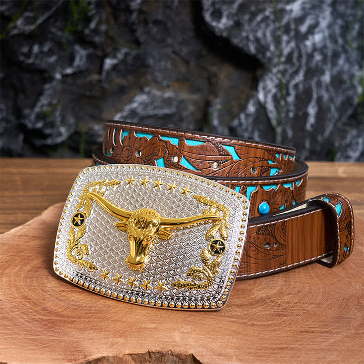 Ceinture rectangulaire en cuir à grande boucle avec tête de taureau bicolore - Tête de taureau - Ceinture sculptée en turquoise - 42 - image 4