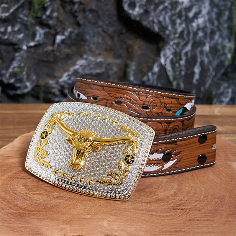 Ceinture rectangulaire en cuir à grande boucle avec tête de taureau bicolore - Tête de taureau - Ceinture à plumes marron - 40 - image 8