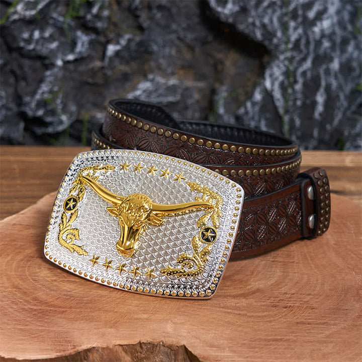 Ceinture rectangulaire en cuir à grande boucle avec tête de taureau bicolore - Tête de taureau - Ceinture à rivets marron - 42 - image 5