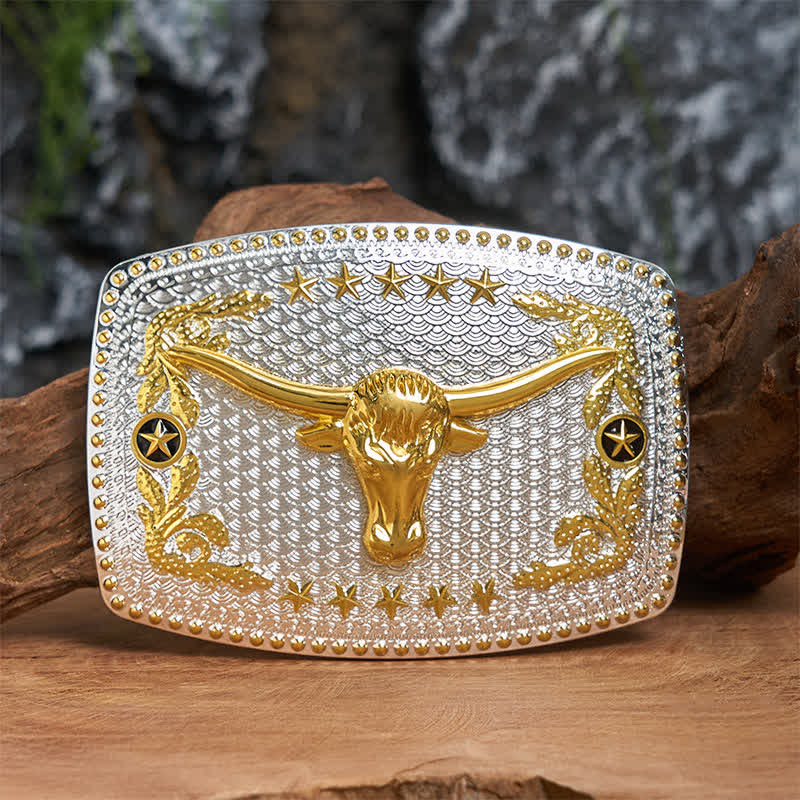 Ceinture rectangulaire en cuir à grande boucle avec tête de taureau bicolore - Tête de taureau - Sans ceinture - Ceinture non incluse - image 0