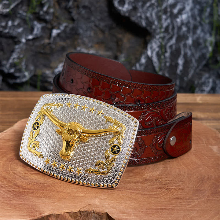 Ceinture rectangulaire en cuir à grande boucle avec tête de taureau bicolore - Tête de taureau - Ceinture marron sculptée - 42 - image 7