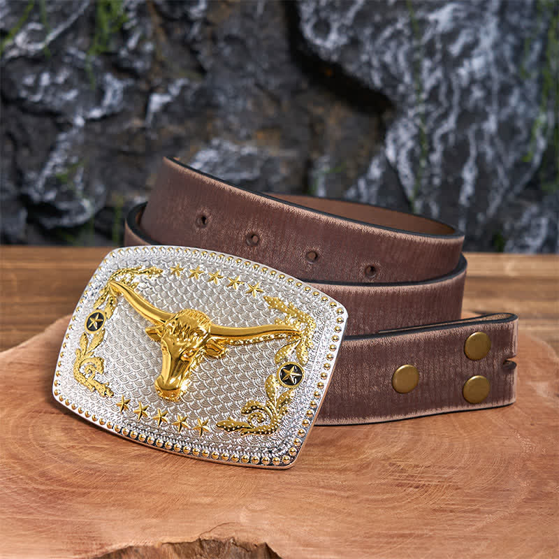 Ceinture rectangulaire en cuir à grande boucle avec tête de taureau bicolore - Tête de taureau - Ceinture marron vieillie - 42 - image 6