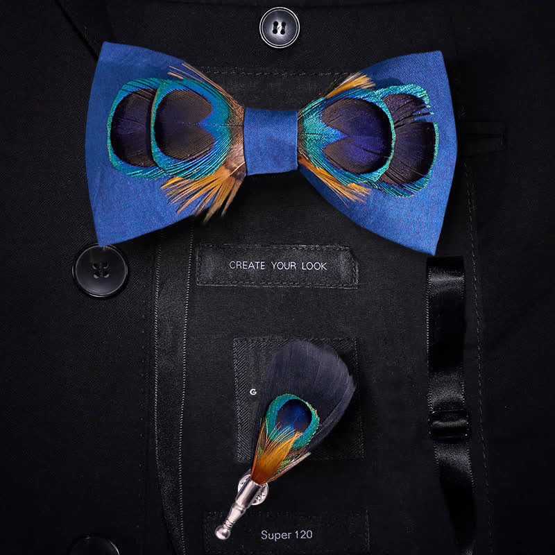 Nœud papillon bleu marine en plumes de paon à gros yeux - Bleu marine - image 0