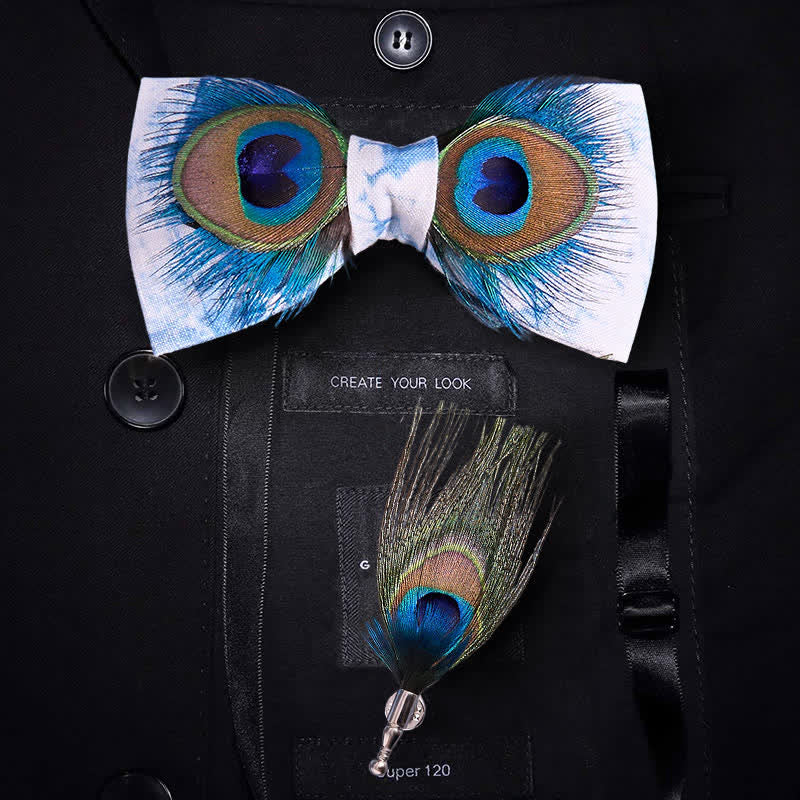 Nœud papillon en plumes de paon bleu et blanc - Bleu et blanc - image 0