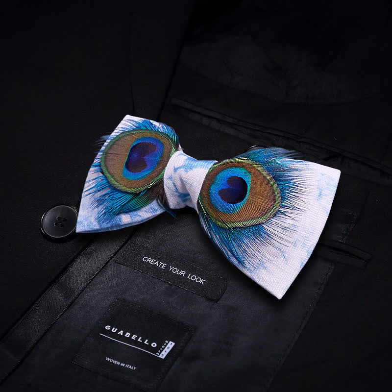 Nœud papillon en plumes de paon bleu et blanc - image 2
