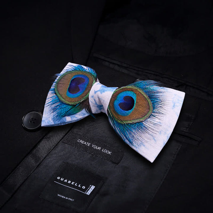 Nœud papillon en plumes de paon bleu et blanc - image 2