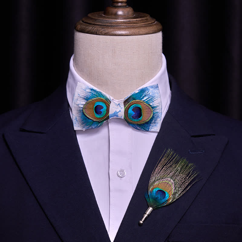 Nœud papillon en plumes de paon bleu et blanc - image 1