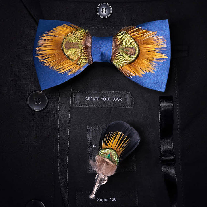 Nœud papillon majestueux en plumes de paon bleu et jaune - Bleu et jaune - image 0