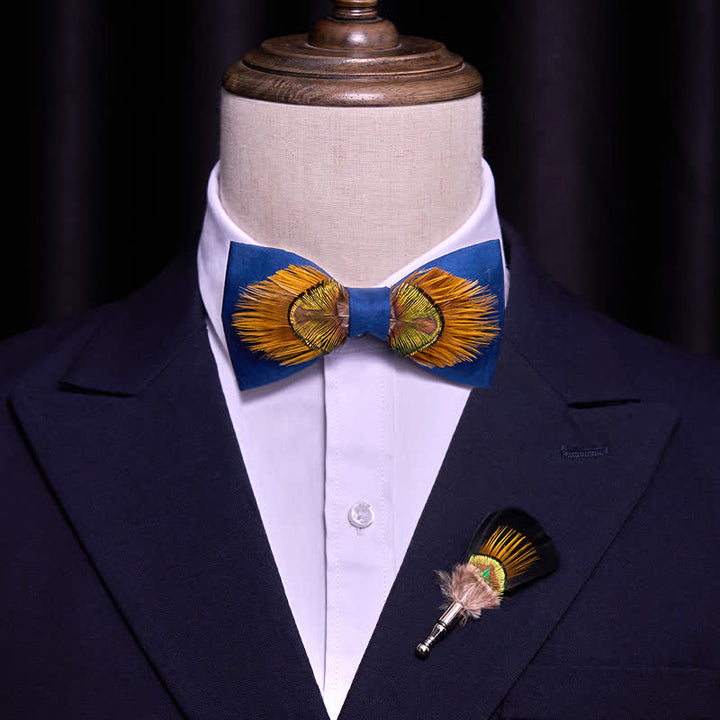Nœud papillon majestueux en plumes de paon bleu et jaune - image 1