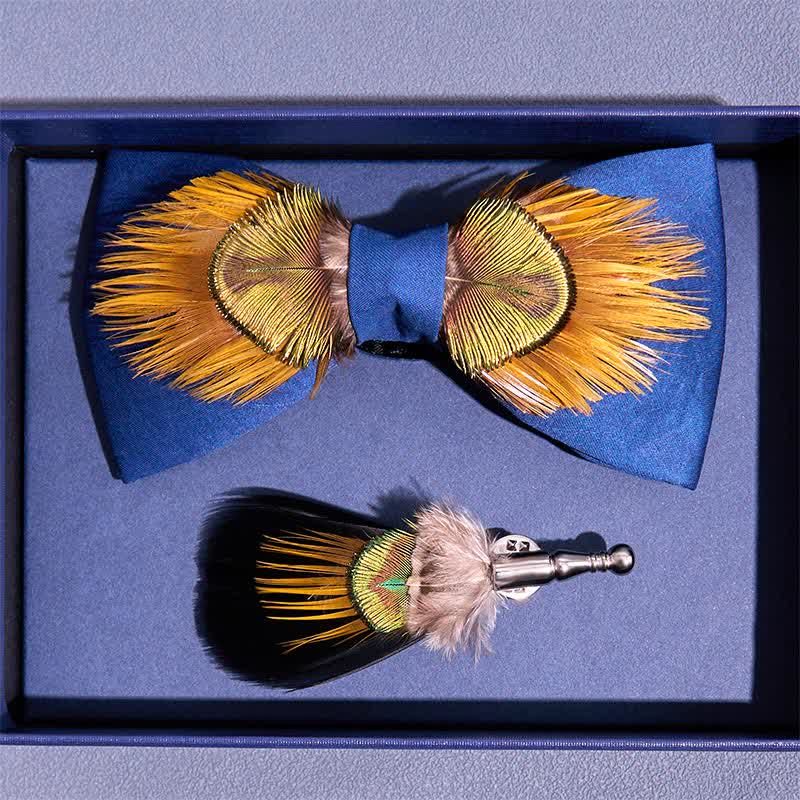Nœud papillon majestueux en plumes de paon bleu et jaune - image 3