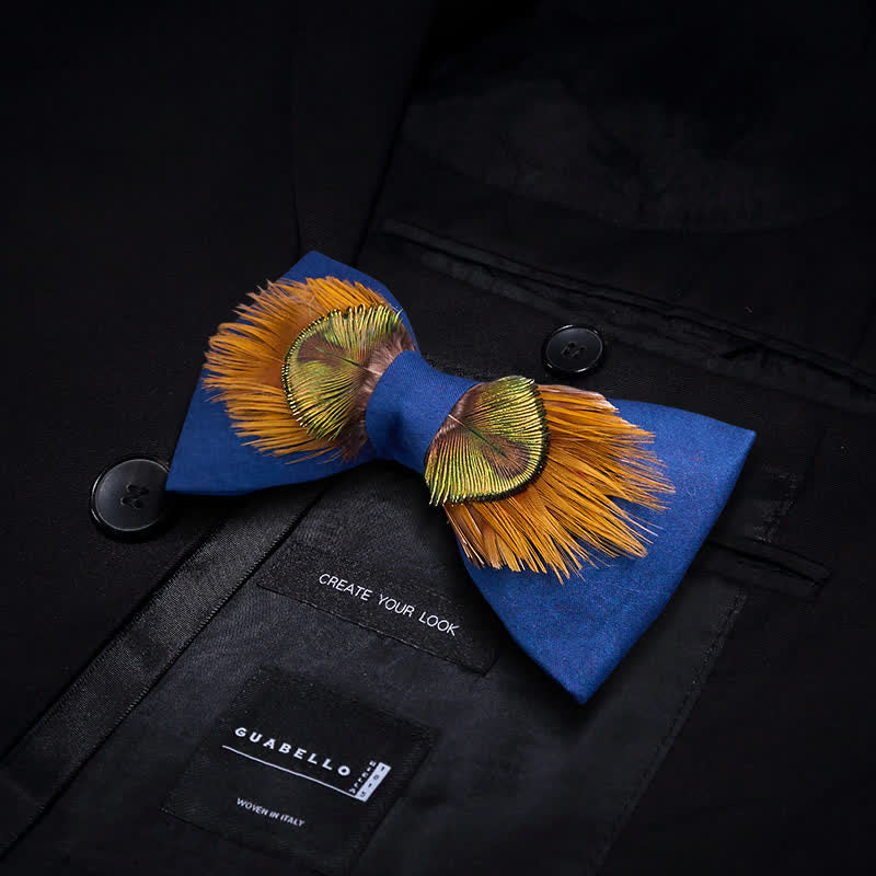 Nœud papillon majestueux en plumes de paon bleu et jaune - image 2
