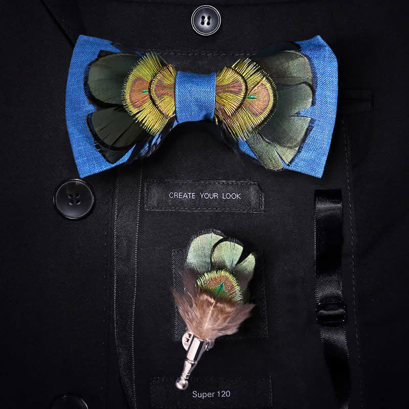Nœud papillon en plumes de paon en lin vert foncé et bleu - Vert foncé et bleu - image 0