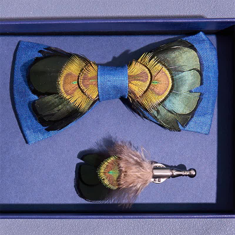 Nœud papillon en plumes de paon en lin vert foncé et bleu - image 3