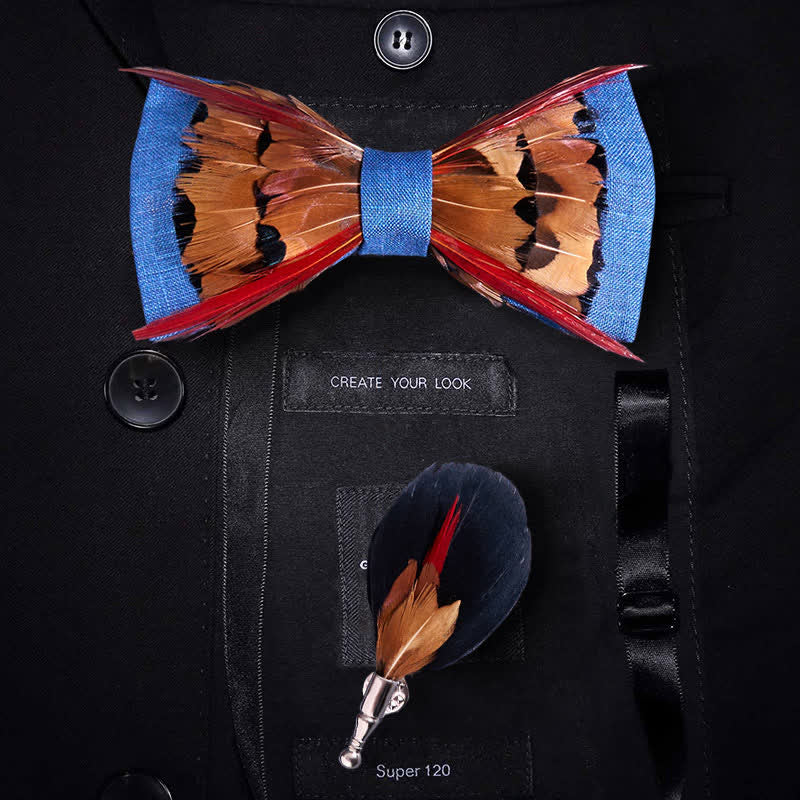 Nœud papillon à plumes rouges entrecroisées et faisan brun - Bleu et marron - image 0