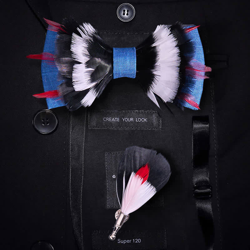 Nœud papillon de luxe noir et blanc en plumes de lin bleu - Bleu - image 0