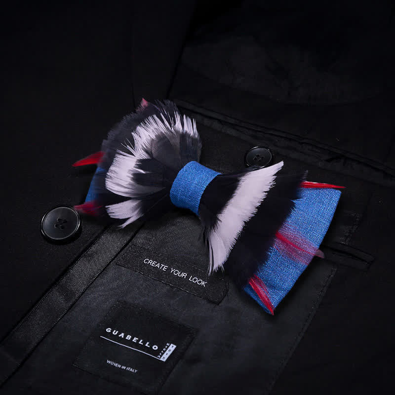 Nœud papillon de luxe noir et blanc en plumes de lin bleu - image 2