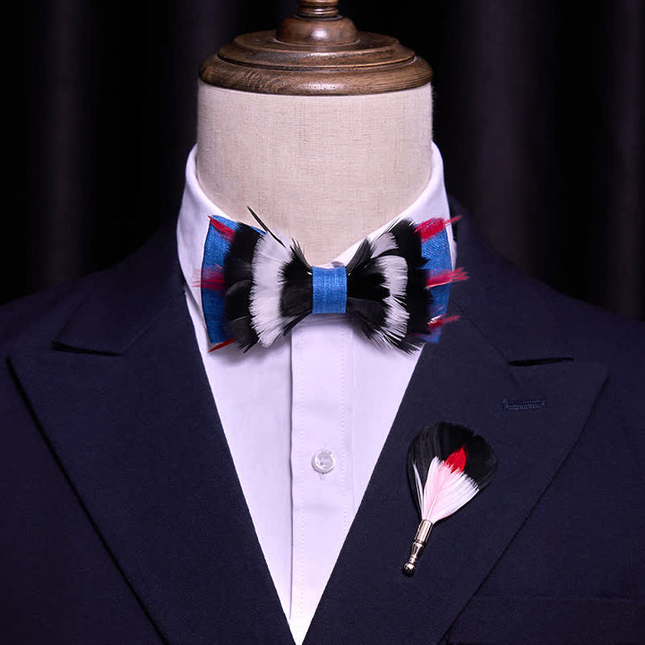 Nœud papillon de luxe noir et blanc en plumes de lin bleu - image 1