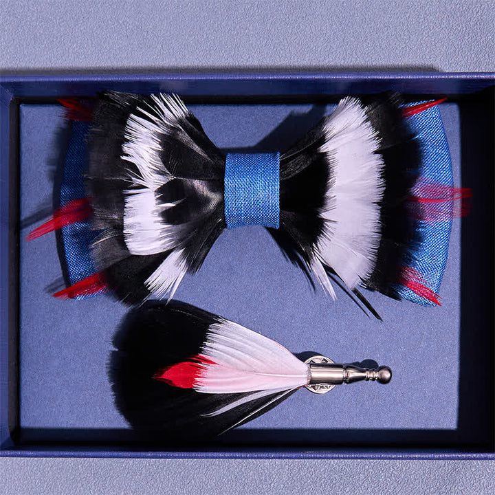 Nœud papillon de luxe noir et blanc en plumes de lin bleu - image 3