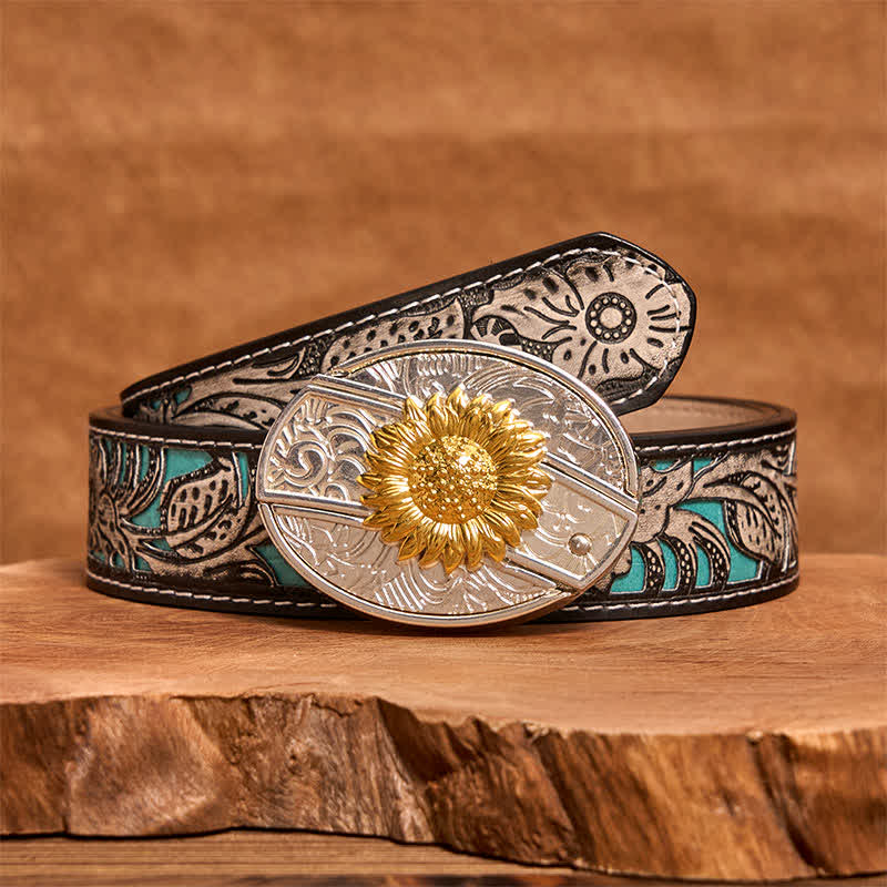 Ceinture en cuir pour homme avec couteau pliant caché tournesol doré et argenté - image 9