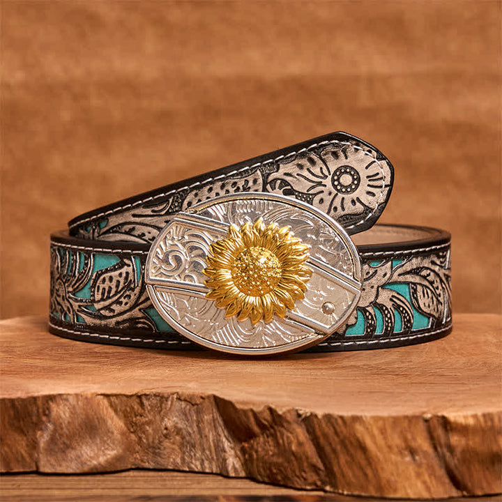 Ceinture en cuir pour homme avec couteau pliant caché tournesol doré et argenté - image 9