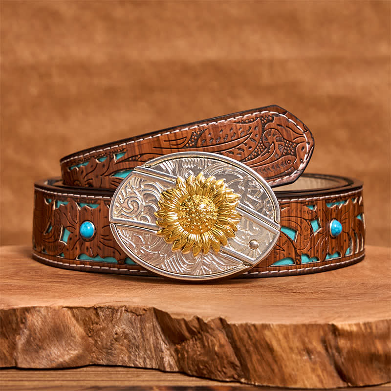 Ceinture en cuir pour homme avec couteau pliant caché tournesol doré et argenté - Tournesol - Ceinture sculptée en turquoise - 42 - image 5