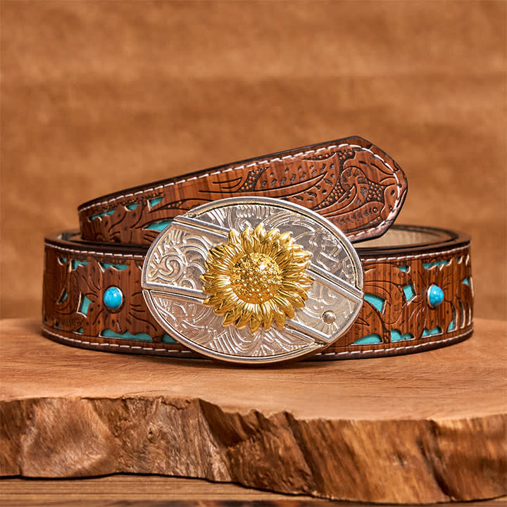 Ceinture en cuir pour homme avec couteau pliant caché tournesol doré et argenté - Tournesol - Ceinture sculptée en turquoise - 42 - image 5