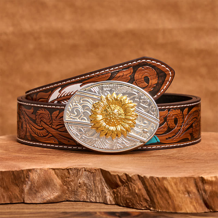Ceinture en cuir pour homme avec couteau pliant caché tournesol doré et argenté - Tournesol - Ceinture à plumes marron - 40 - image 8