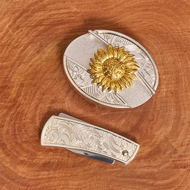 Ceinture en cuir pour homme avec couteau pliant caché tournesol doré et argenté - image 2