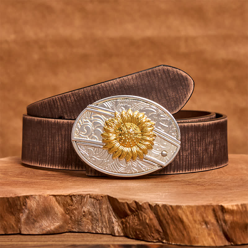 Ceinture en cuir pour homme avec couteau pliant caché tournesol doré et argenté - Tournesol - Ceinture marron vieillie - 42 - image 6