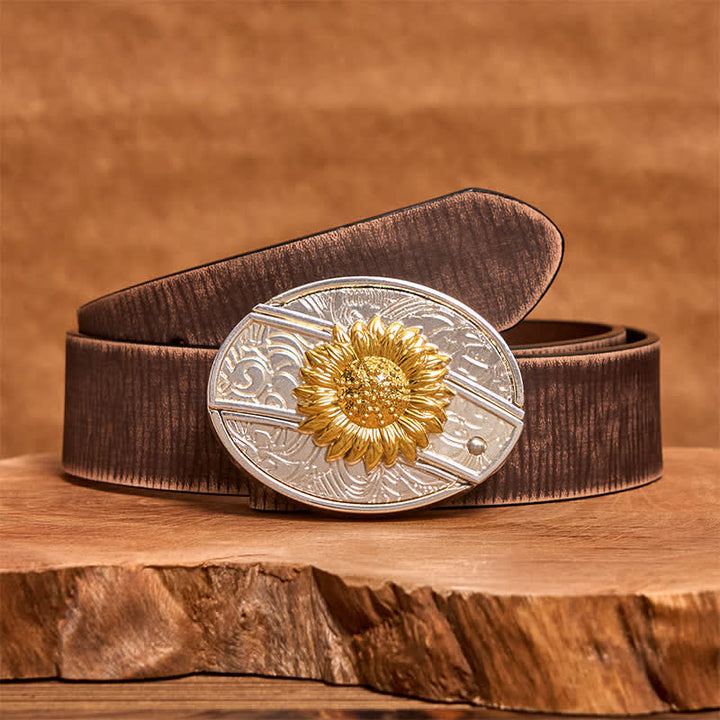 Ceinture en cuir pour homme avec couteau pliant caché tournesol doré et argenté - Tournesol - Ceinture marron vieillie - 42 - image 6