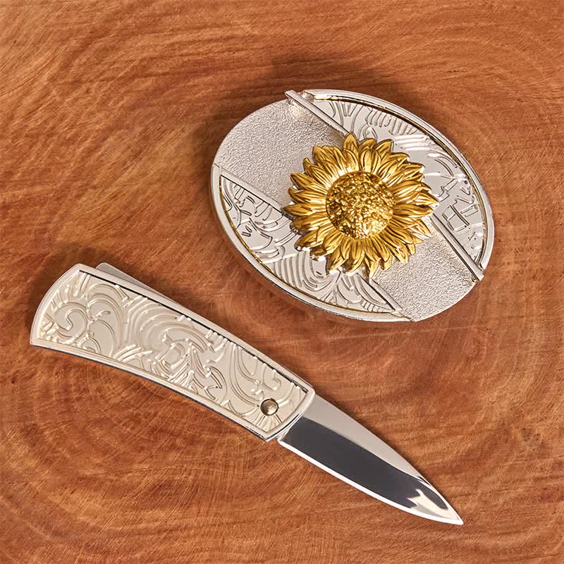Ceinture en cuir pour homme avec couteau pliant caché tournesol doré et argenté - image 1