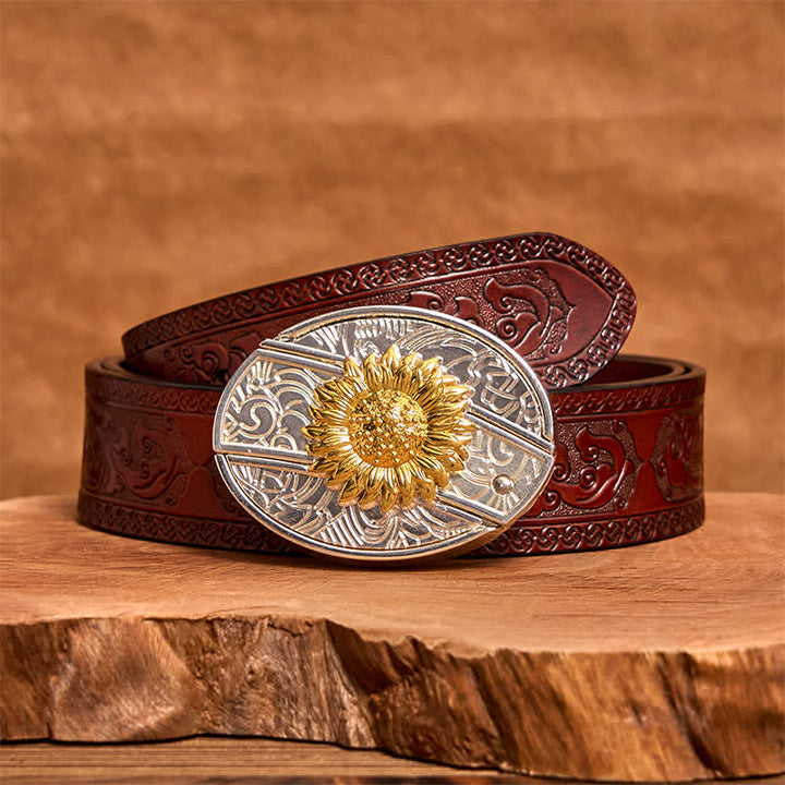 Ceinture en cuir pour homme avec couteau pliant caché tournesol doré et argenté - Tournesol - Ceinture marron sculptée - 42 - image 7