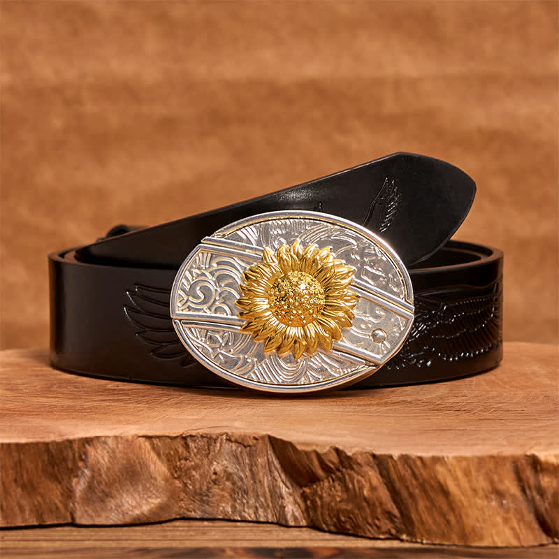 Ceinture en cuir pour homme avec couteau pliant caché tournesol doré et argenté - Tournesol - Ceinture noire avec aigle en relief - 42 - image 4