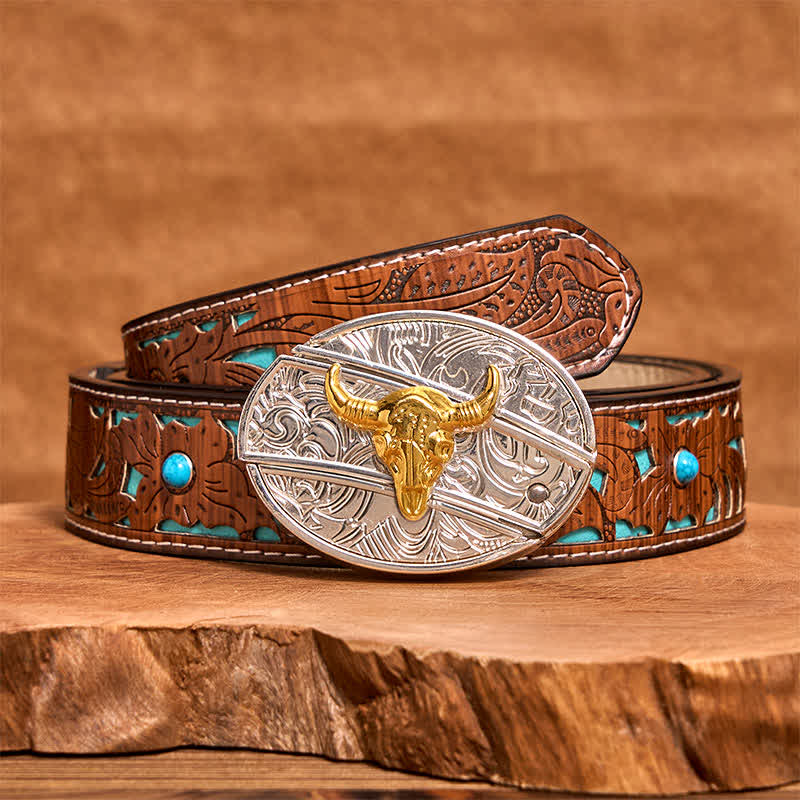 Ceinture en cuir pour homme avec couteau pliant caché en forme de taureau doré et argenté - Taureau - Ceinture sculptée en turquoise - 42 - image 5