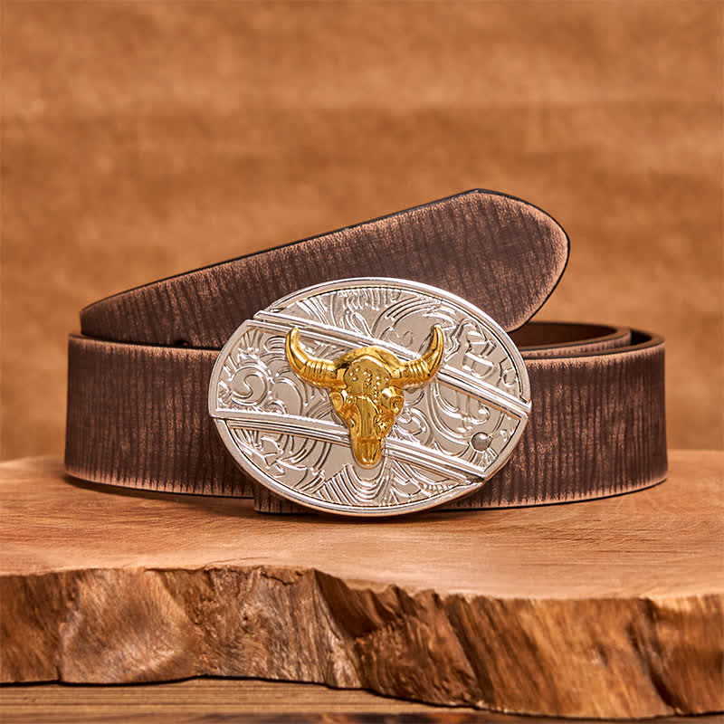 Ceinture en cuir pour homme avec couteau pliant caché en forme de taureau doré et argenté - Taureau - Ceinture marron vieillie - 42 - image 6