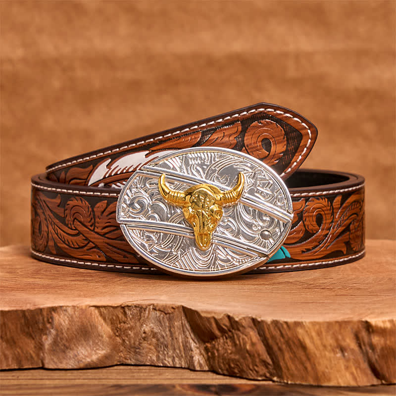 Ceinture en cuir pour homme avec couteau pliant caché en forme de taureau doré et argenté - Taureau - Ceinture à plumes marron - 40 - image 8