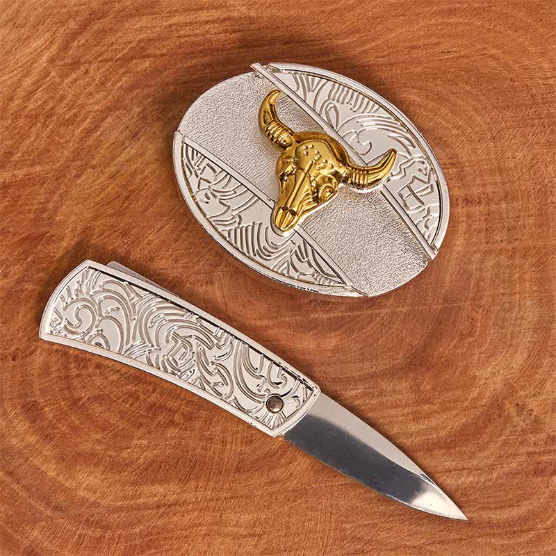 Ceinture en cuir pour homme avec couteau pliant caché en forme de taureau doré et argenté - image 1