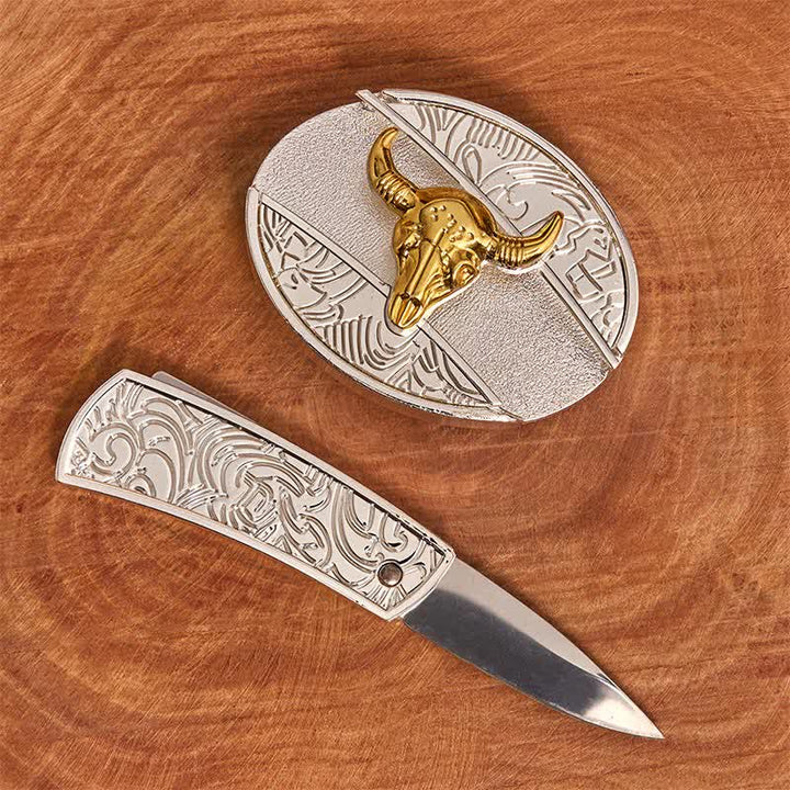 Ceinture en cuir pour homme avec couteau pliant caché en forme de taureau doré et argenté - image 1