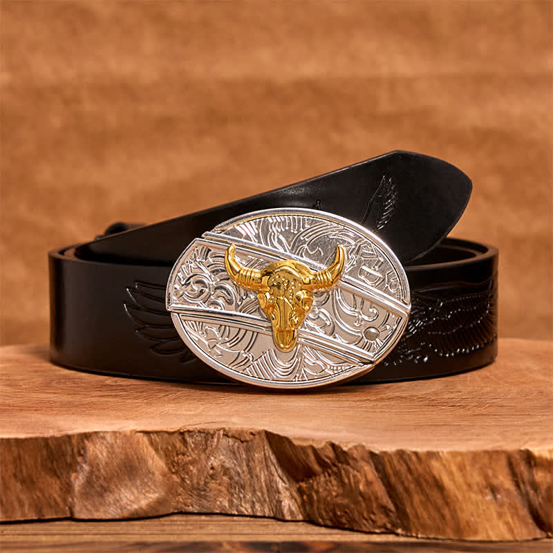 Ceinture en cuir pour homme avec couteau pliant caché en forme de taureau doré et argenté - Taureau - Ceinture noire avec aigle en relief - 42 - image 4